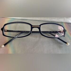 CHANEL Women's Rectangular Eyeglass Frame  in Dark Blue with Pearl Tips